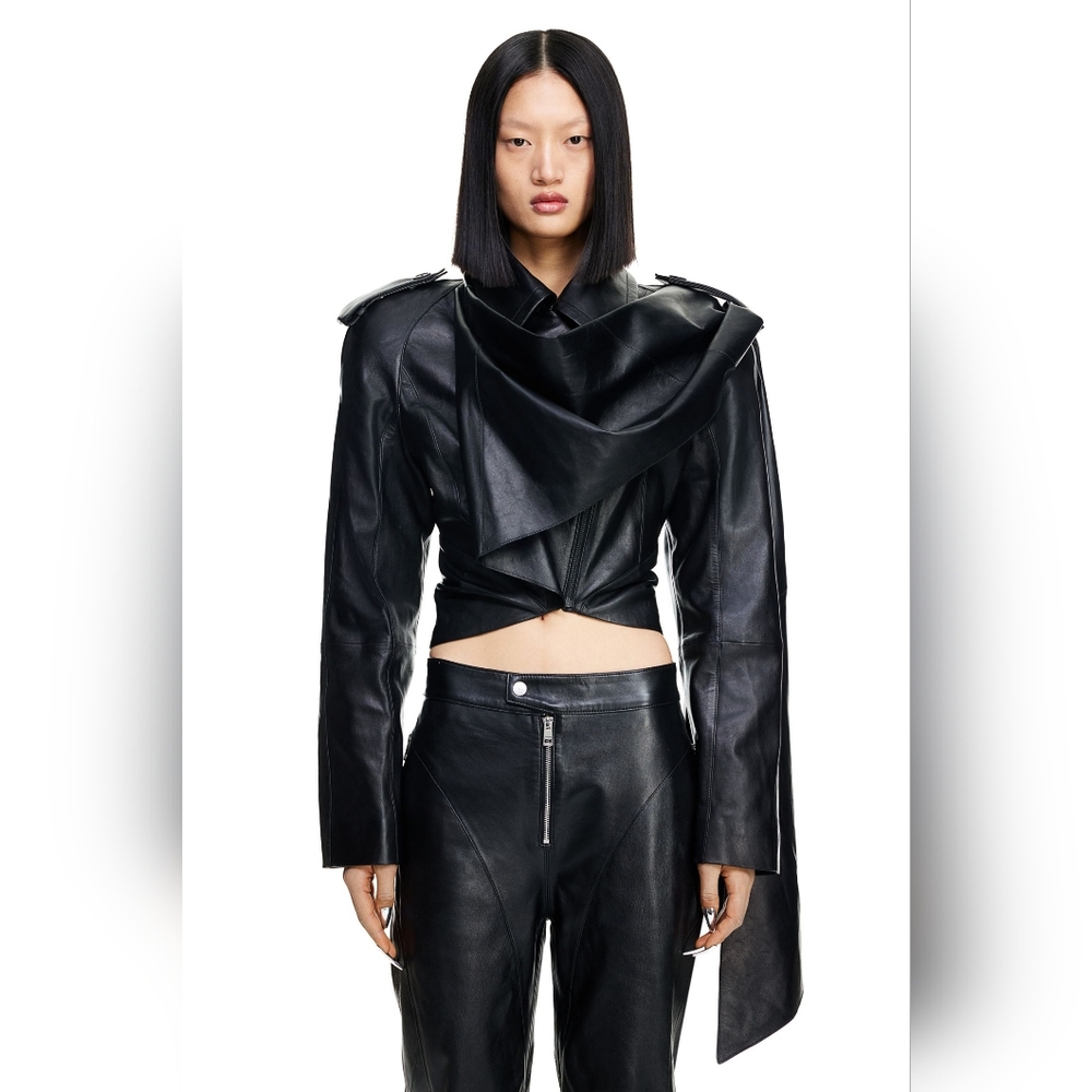 HM H&M x MUGLER Black Leather Jacket With Scarf Sz S Small